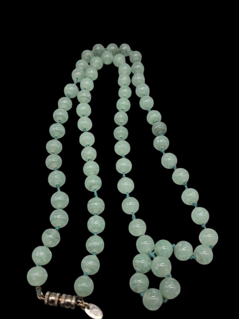 Vintage Les Bernard Signed Jade Bead Necklace Hand Knotted Barrel Clasp 34" - Picture 10 of 12